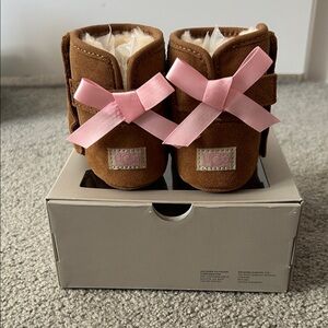UGG Kids Chestnut Suede Boots with Pink Ribbon Bows